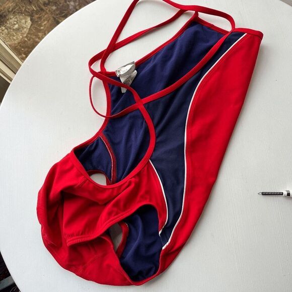 Vintage Y2K Speedo Lifeguard Swimsuit 8/34 Strappy One-Piece 90s Red Navy - Picture 12 of 13